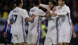 فرحة لاعبي ريال مدريد بأحد الأهداف المسجلة